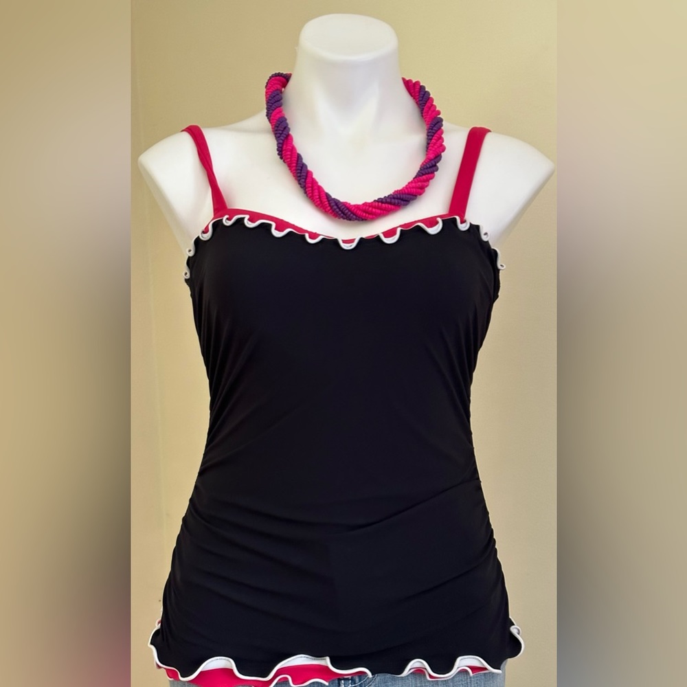 Gottex Black Top Bathing Suit With Pink And White Ruffles on Edges Sz 32 D